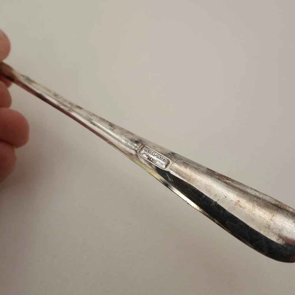 Vintage Silver Plated Italy Salad Servers Spoon and Fork Set Tarnish Patina 9